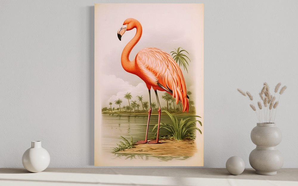 Vintage Pink Flamingo Painting Framed Canvas Wall Art