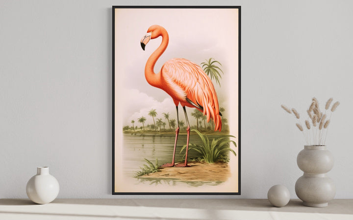 Vintage Pink Flamingo Painting Framed Canvas Wall Art