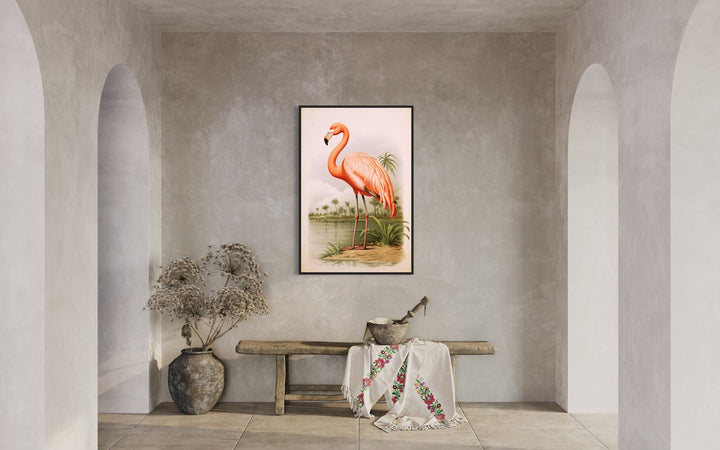 Vintage Pink Flamingo Painting Framed Canvas Wall Art