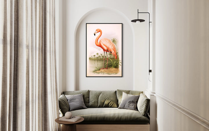 Vintage Pink Flamingo Painting Framed Canvas Wall Art