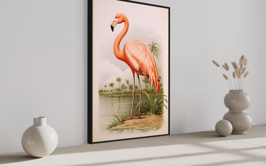 Vintage Pink Flamingo Painting Framed Canvas Wall Art