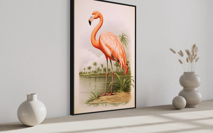 Vintage Pink Flamingo Painting Framed Canvas Wall Art