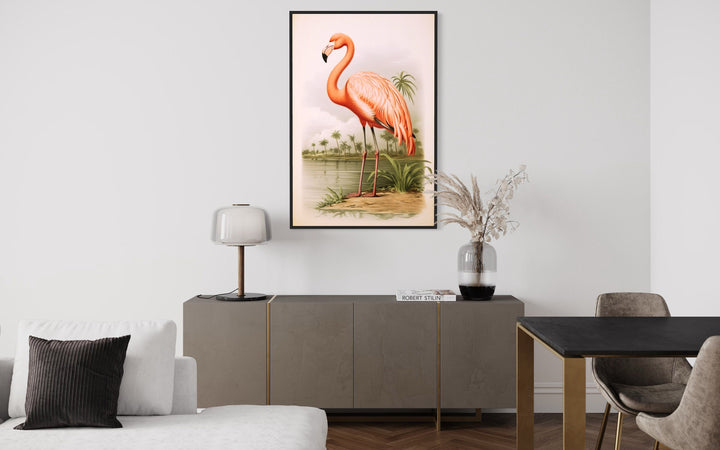 Vintage Pink Flamingo Painting Framed Canvas Wall Art