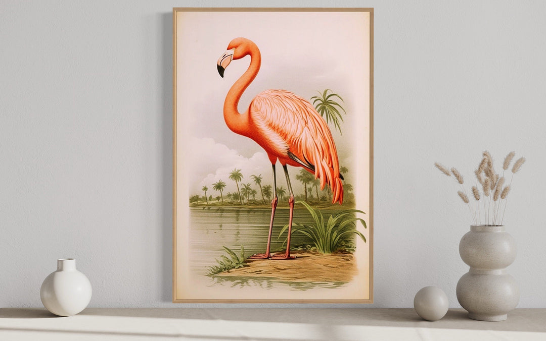 Vintage Pink Flamingo Painting Framed Canvas Wall Art