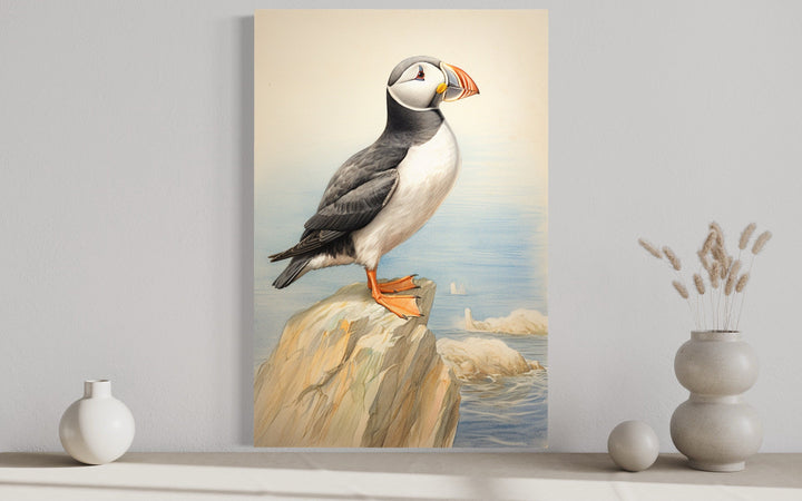 Vintage Puffin Painting Coastal Birds Framed Canvas Wall Art