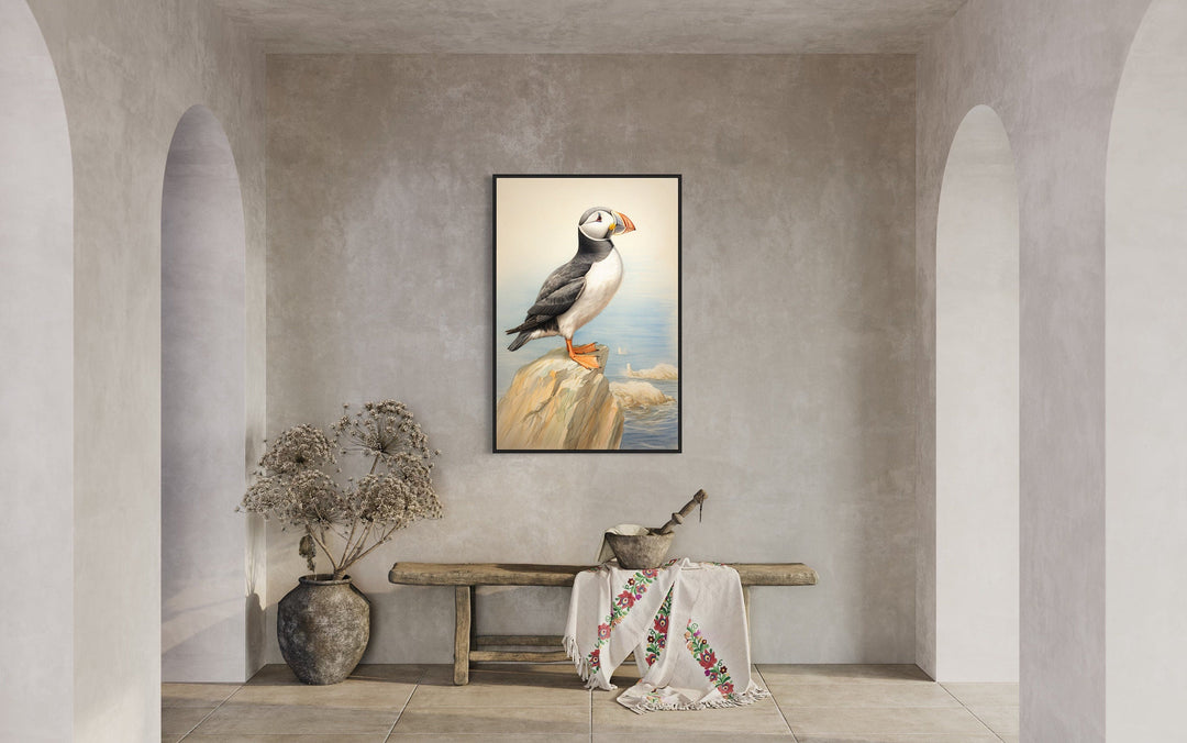 Vintage Puffin Painting Coastal Birds Framed Canvas Wall Art