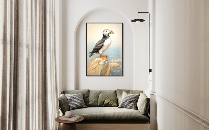 Vintage Puffin Painting Coastal Birds Framed Canvas Wall Art