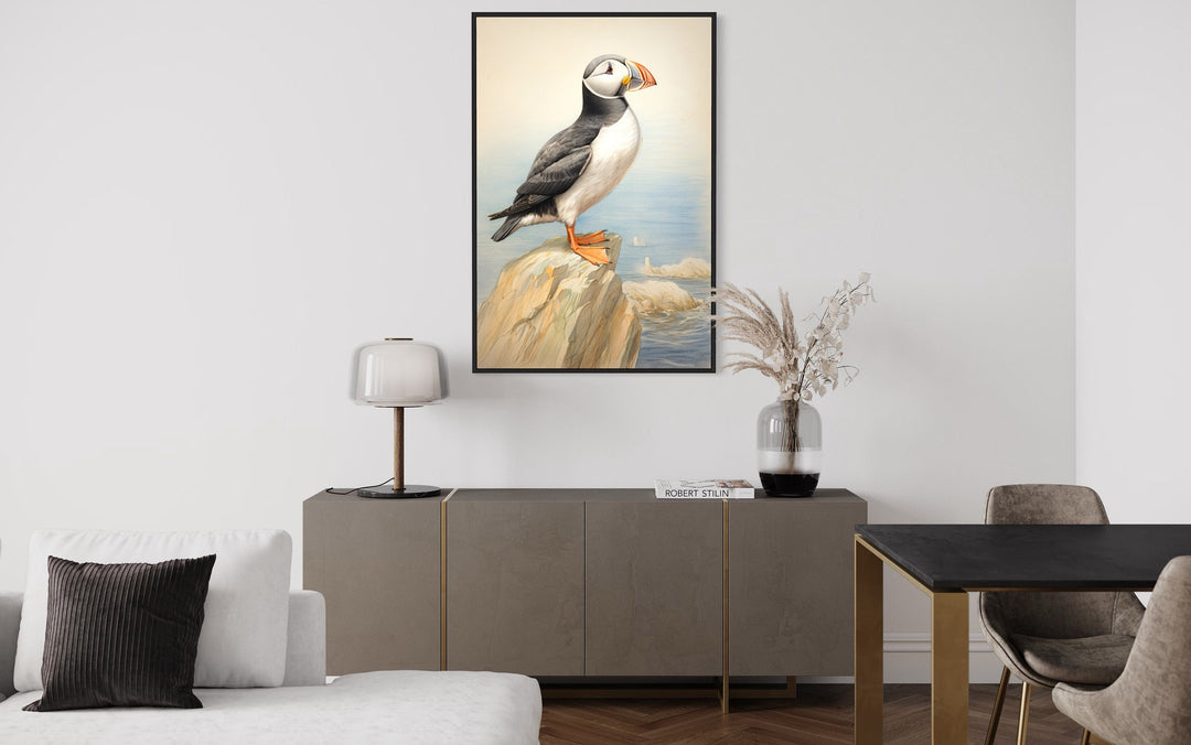 Vintage Puffin Painting Coastal Birds Framed Canvas Wall Art