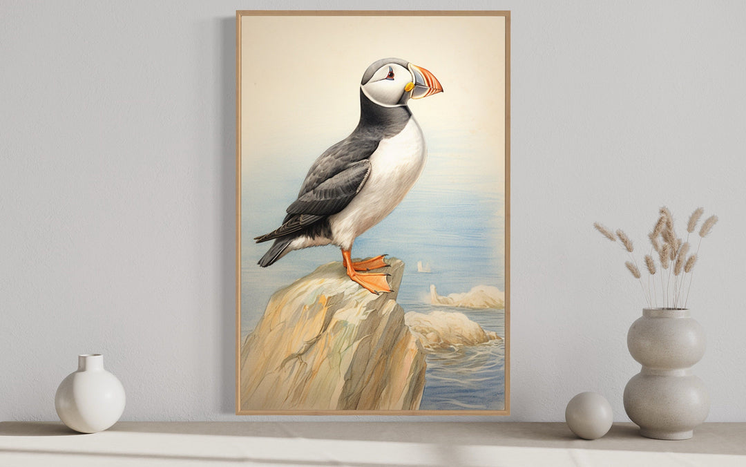 Vintage Puffin Painting Coastal Birds Framed Canvas Wall Art