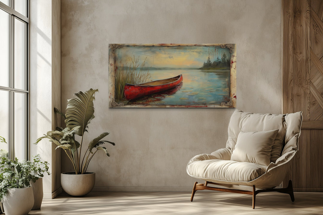 Vintage Red Canoe In The Lake In Fake Vintage Frame Rustic Wall Art For Cabin Decor