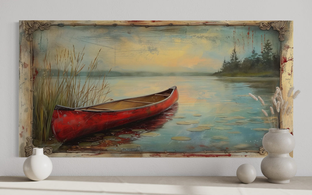 Vintage Red Canoe In The Lake In Fake Vintage Frame Rustic Wall Art For Cabin Decor