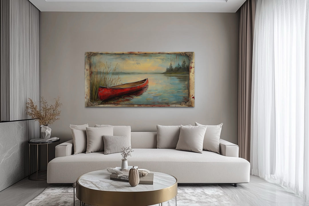 Vintage Red Canoe In The Lake In Fake Vintage Frame Rustic Wall Art For Cabin Decor