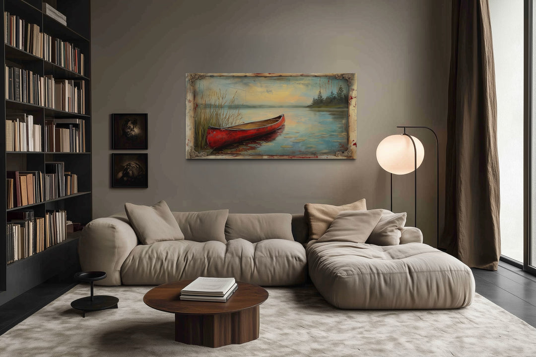 Vintage Red Canoe In The Lake In Fake Vintage Frame Rustic Wall Art For Cabin Decor
