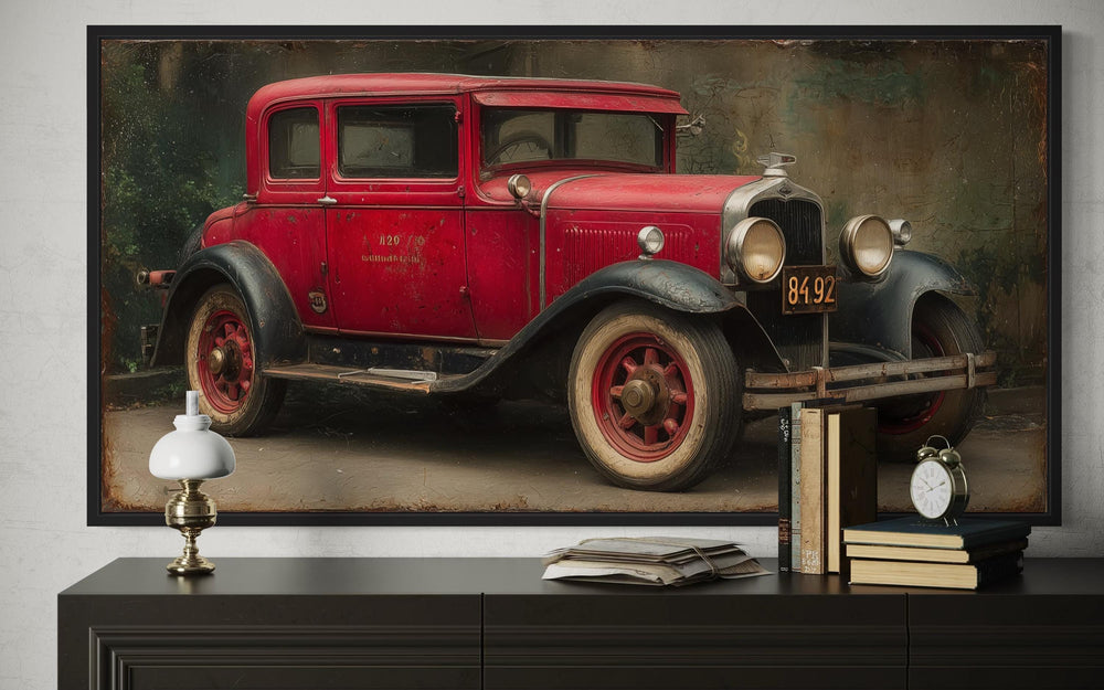 Vintage Red Car Framed Canvas Wall Art