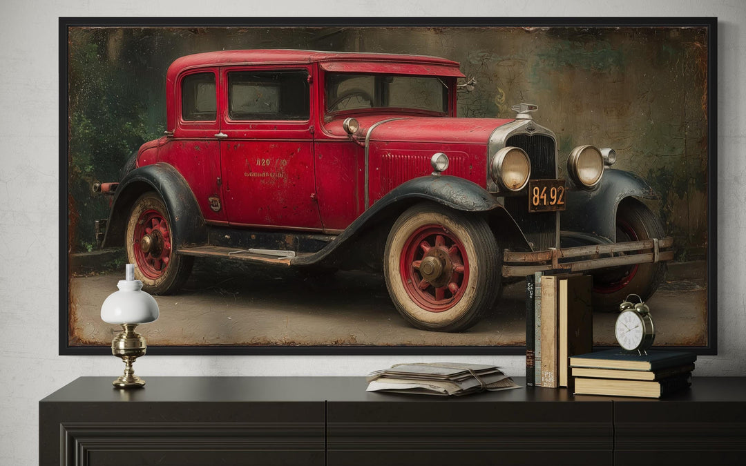 Vintage Red Car Framed Canvas Wall Art