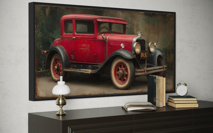 Vintage Red Car Framed Canvas Wall Art