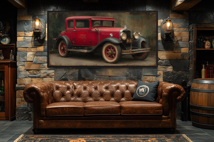 Vintage Red Car Framed Canvas Wall Art