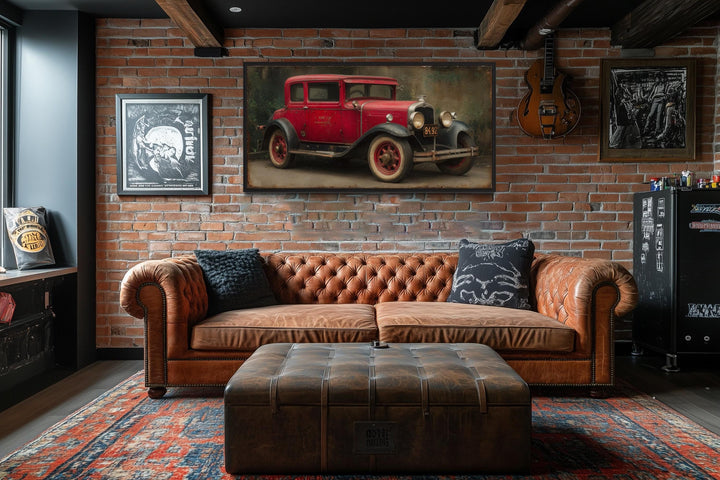 Vintage Red Car Framed Canvas Wall Art