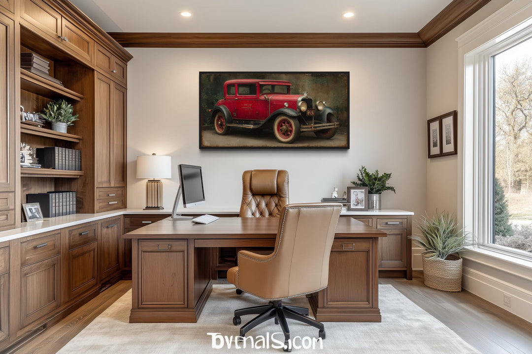 Vintage Red Car Framed Canvas Wall Art