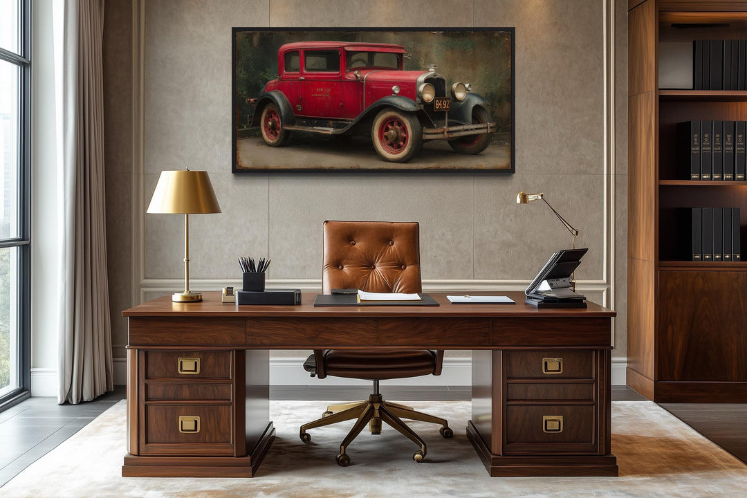 Vintage Red Car Framed Canvas Wall Art