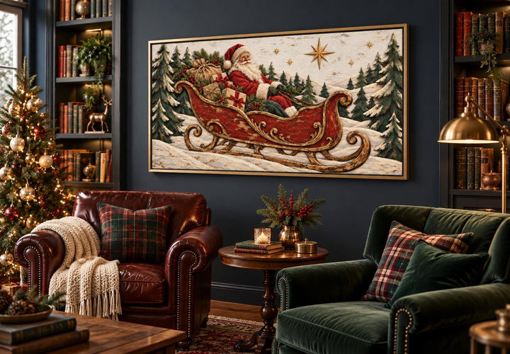 Vintage Santa Claus in a red sleigh framed canvas wall art hanging in a cozy, festive living room.