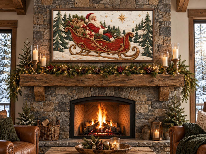 Vintage Santa Claus in a red sleigh framed canvas wall art hanging above a rustic stone fireplace.