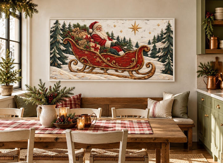 Vintage Santa Claus in a red sleigh framed canvas wall art above a dining table.