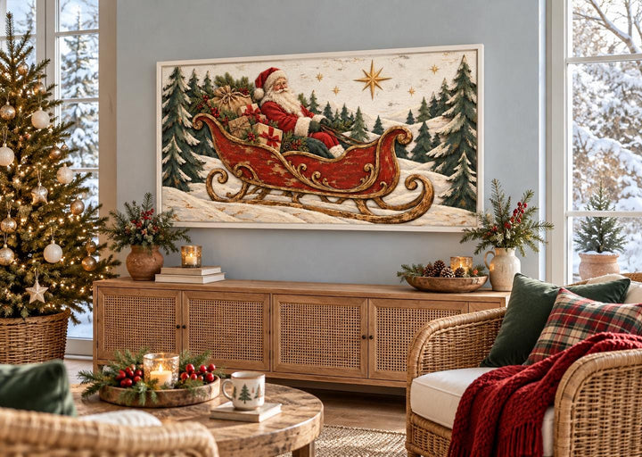Vintage Santa in a red sleigh framed canvas wall art displayed above a wooden sideboard.