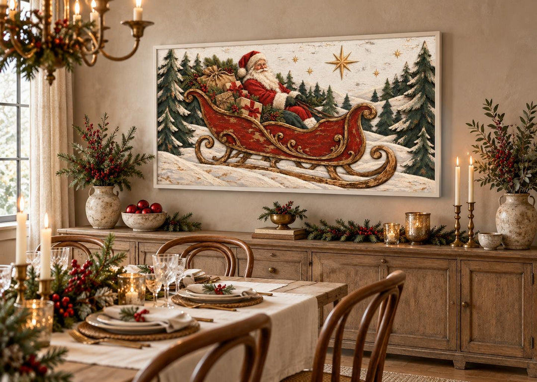 Vintage Santa Claus in a red sleigh framed canvas wall art above a dining room sideboard.