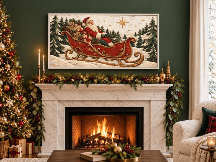 Vintage Santa Claus in a red sleigh framed canvas wall art hanging above a decorated fireplace.
