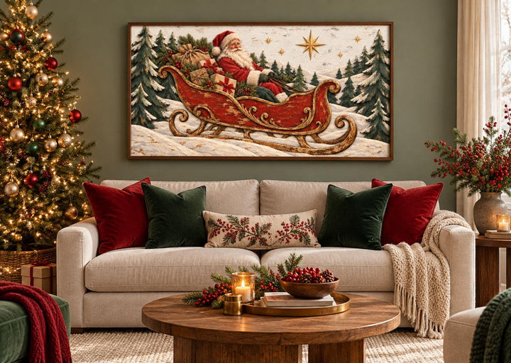 Vintage Santa Claus in a red sleigh framed canvas wall art hanging above a sofa in a festive room.