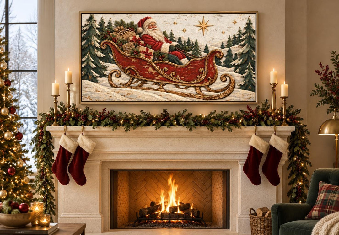 Vintage Santa Claus in a red sleigh framed canvas wall art hanging above a decorated fireplace.