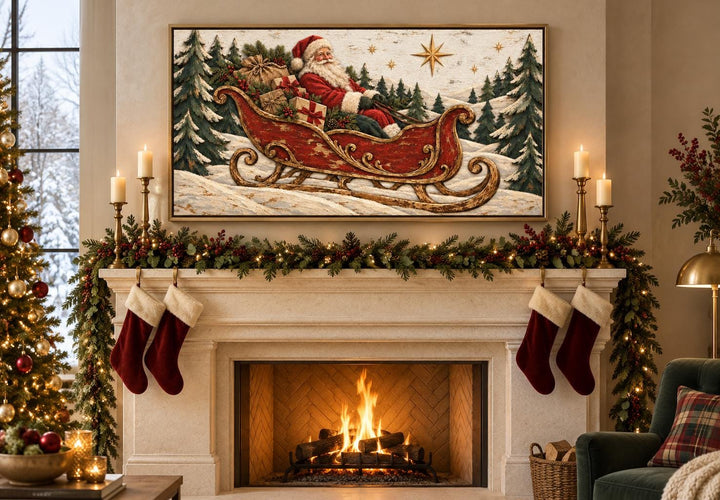 Vintage Santa Claus in a red sleigh framed canvas wall art hanging above a decorated fireplace.