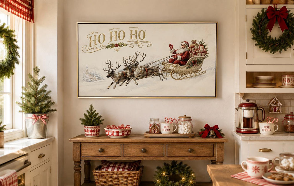 Vintage Santa Claus sleigh ride canvas wall art with reindeer and Ho Ho Ho script above a sideboard.