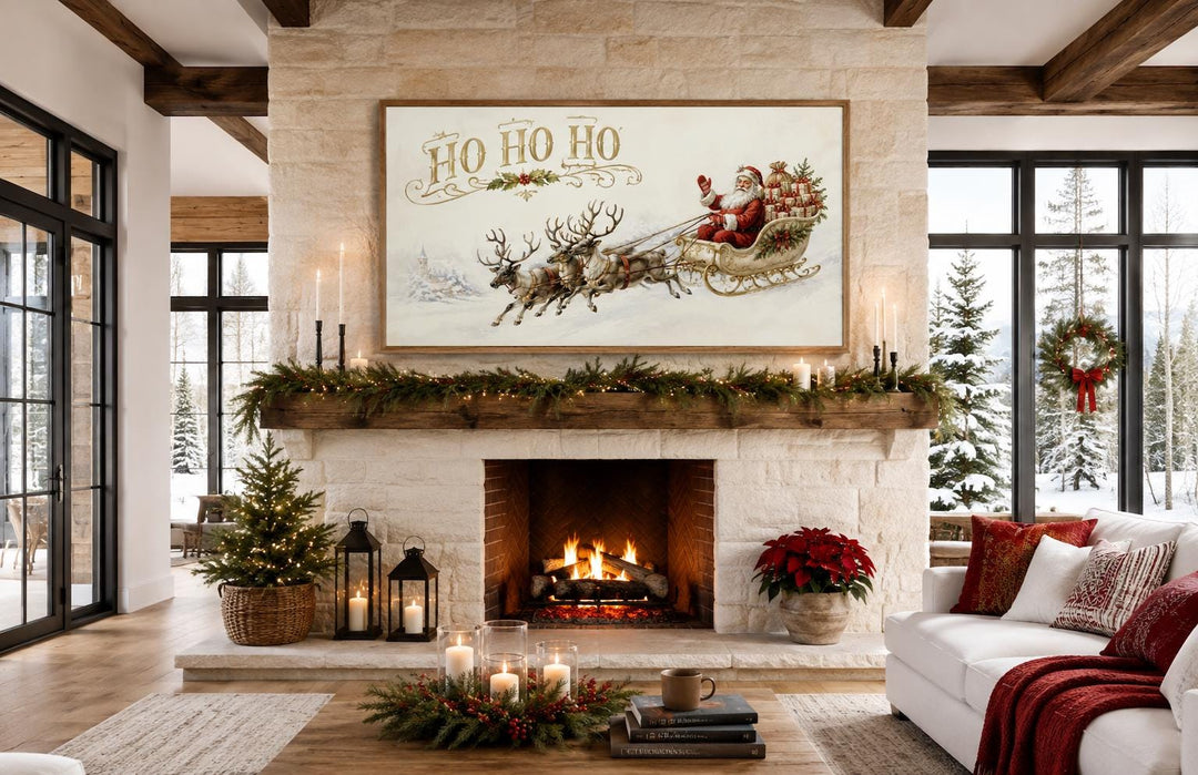 Vintage Santa Claus sleigh ride canvas art above a stone fireplace mantel with Christmas decor.