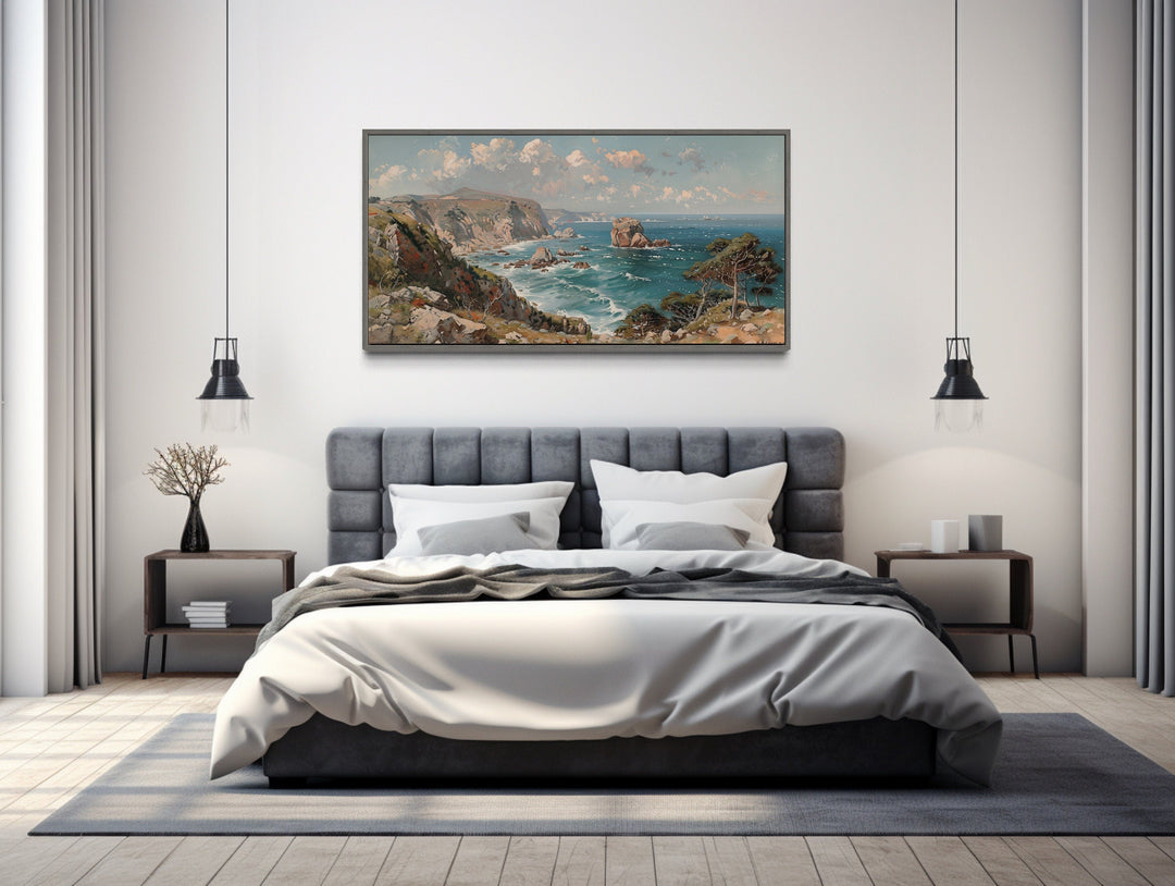 Vintage Seascape Painting Coastal Canvas Wall Art above grey bed