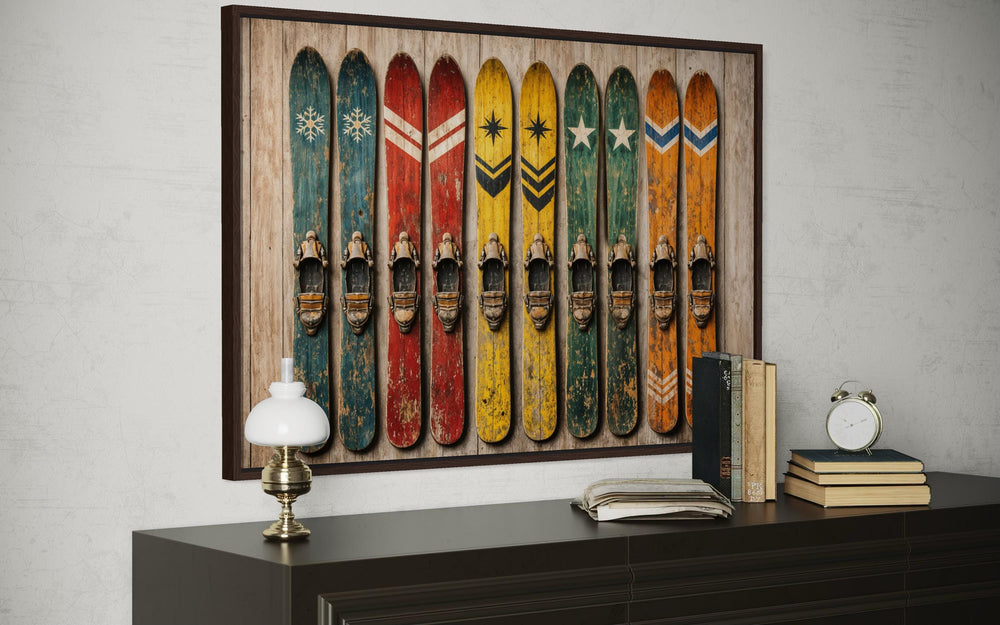 Vintage ski wall art featuring colorful retro skis on a rustic wooden background in a dark frame.