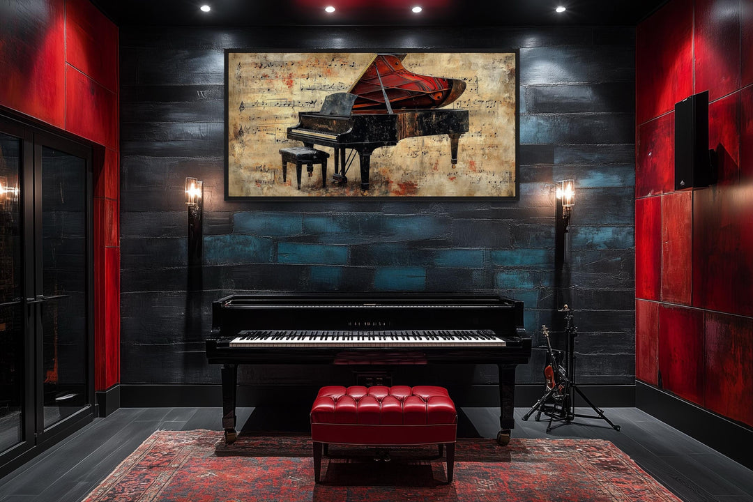 Vintage Style Grand PianoWith Music Notes Canvas Wall Art