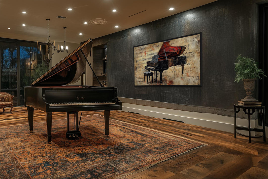 Vintage Style Grand PianoWith Music Notes Canvas Wall Art