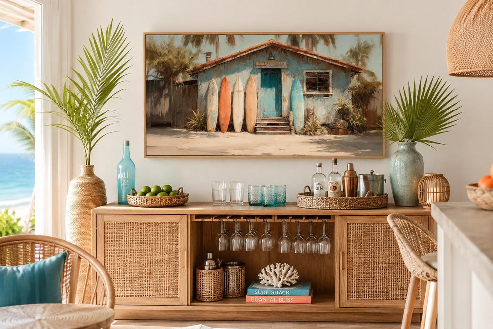 Vintage Surf Shack Painting - Coastal Wall Art With Colorful Surfboards Canvas Print