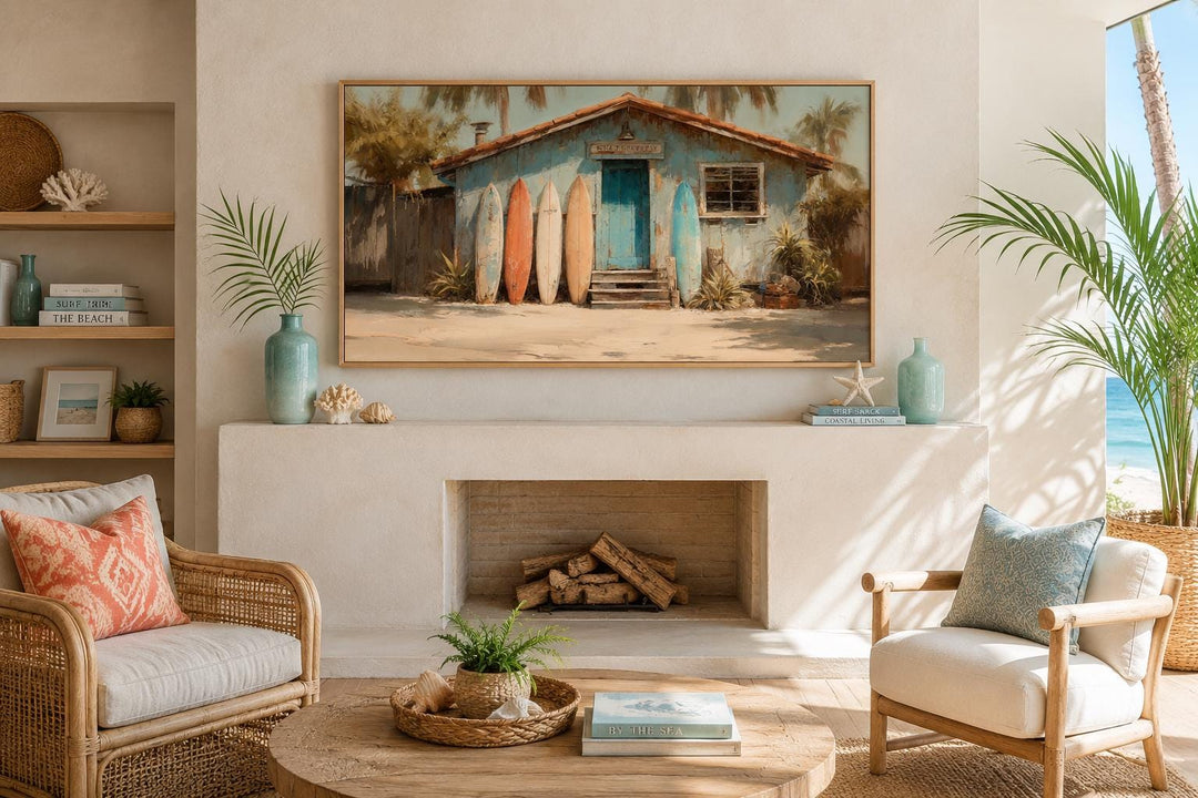 Vintage Surf Shack Painting - Coastal Wall Art With Colorful Surfboards Canvas Print