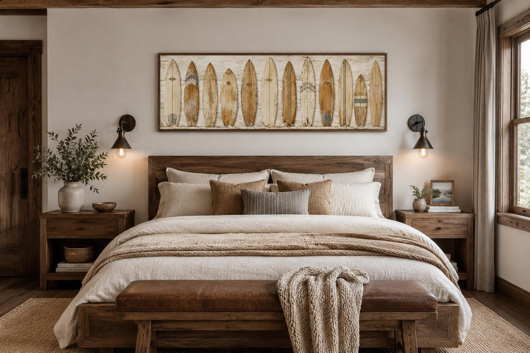 Vintage surfboard wall art featuring a row of classic longboards in warm, sun-faded neutral tones.