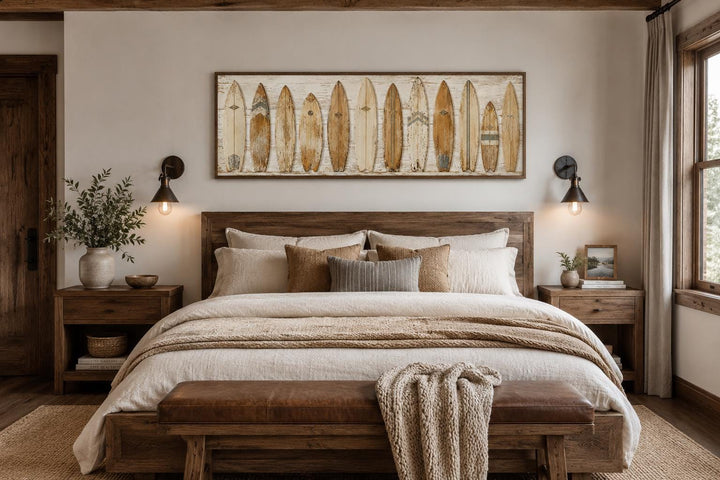 Vintage surfboard wall art featuring a row of classic longboards in warm, sun-faded neutral tones.