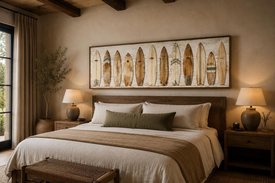 Vintage surfboard wall art with a row of weathered longboards on canvas above a bed.