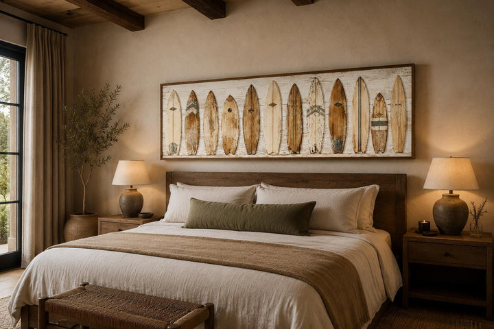 Vintage surfboard wall art with a row of weathered longboards on canvas above a bed.
