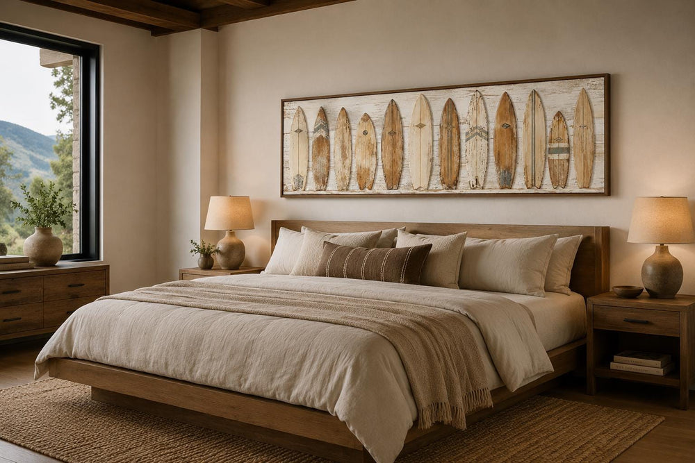 Vintage surfboard wall art with a row of retro longboards in warm neutral tones above a bed.