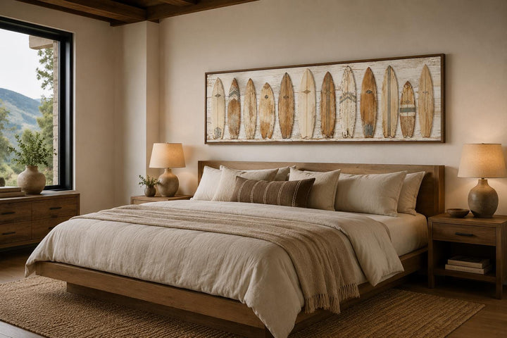 Vintage surfboard wall art with a row of retro longboards in warm neutral tones above a bed.