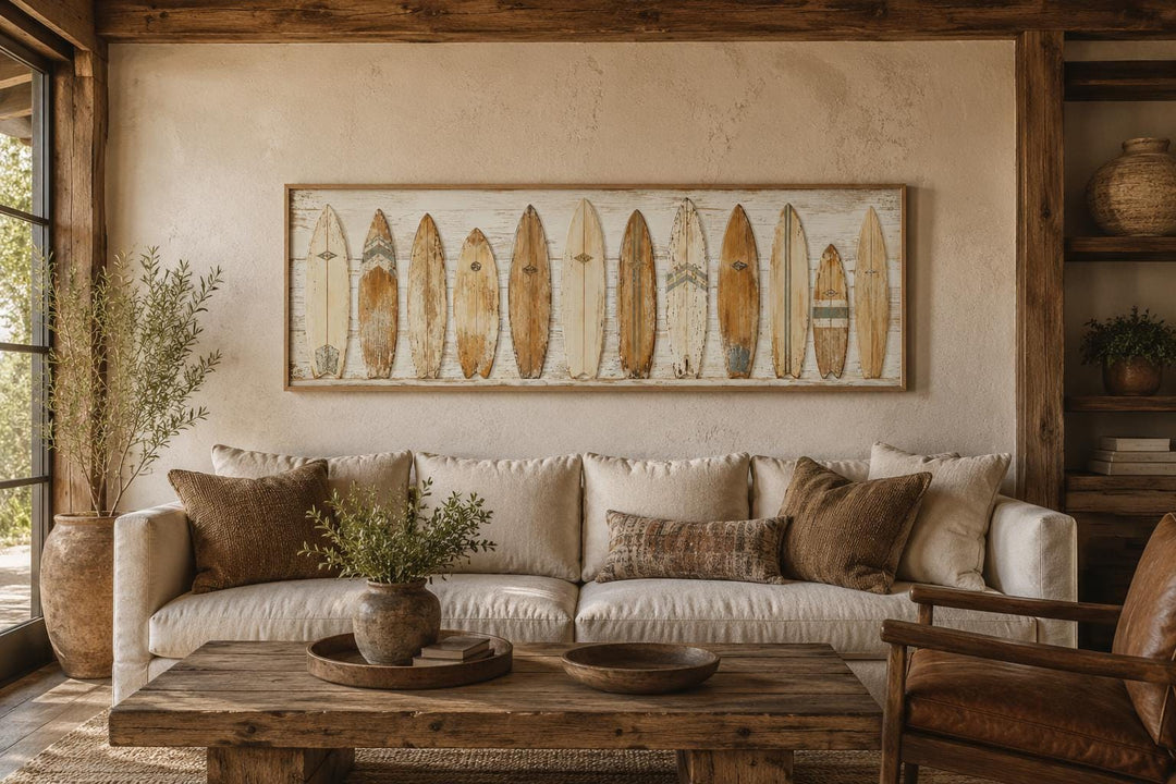 Vintage surfboard wall art in a warm, sun-faded palette hanging above a neutral sofa.