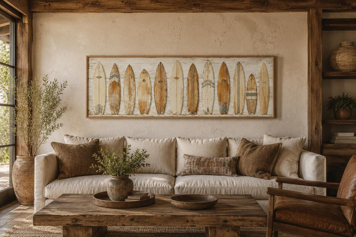 Vintage surfboard wall art in a warm, sun-faded palette hanging above a neutral sofa.