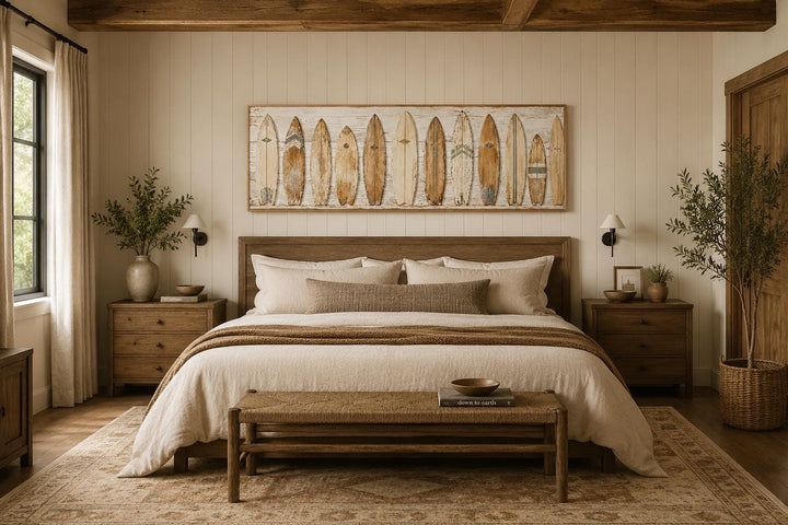 Vintage surfboard wall art with a row of weathered longboards above a bed in a coastal bedroom.